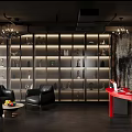 Restaurant Interior With Red Long Dining Tables Black Chairs And Hanging Chandeliers