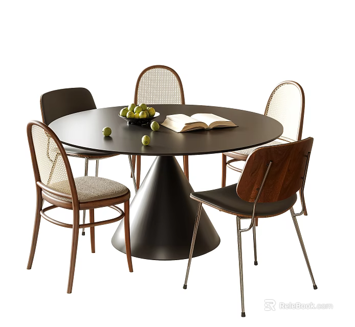 Modern Round Dining Table Set With Mixed Design Chairs Open Book And Fruit 3d model 