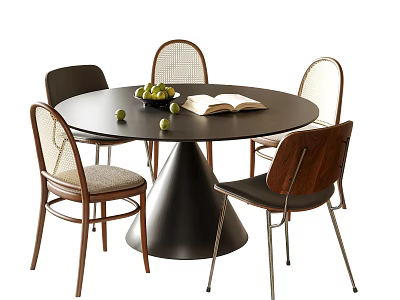 Modern Round Dining Table Set With Mixed Design Chairs Open Book And Fruit 3d model