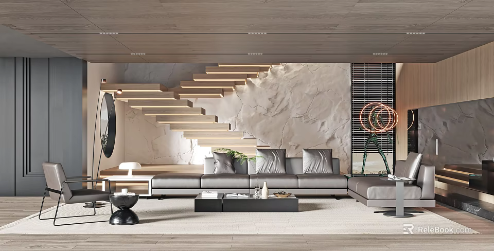 Modern Living Room Interior With Gray Sofa Marble Wall And Staircase Lighting 3d model