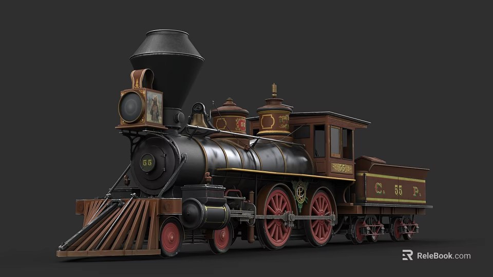Vintage Steam Train with Black Chimney Red Wheels and Gold Accents 3d model 