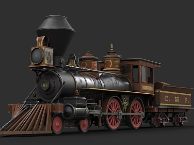 Vintage Steam Train with Black Chimney Red Wheels and Gold Accents 3d model