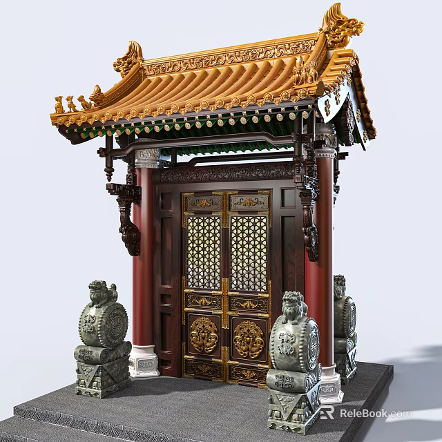 Chinese Style Entrance Gate With Yellow Glazed Tile Roof Red Pillars And Stone Lions 3d model 