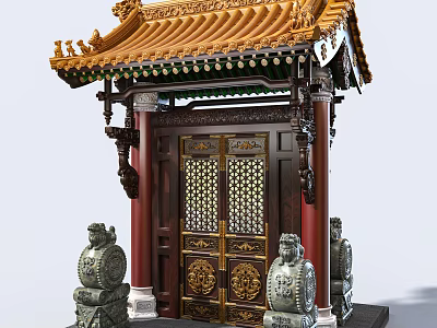 Chinese Style Entrance Gate With Yellow Glazed Tile Roof Red Pillars And Stone Lions 3d model
