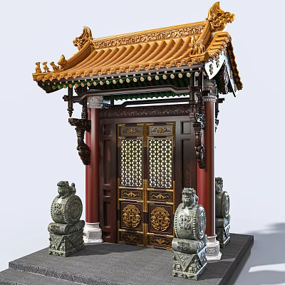 Chinese Style Entrance Gate With Yellow Glazed Tile Roof Red Pillars And Stone Lions 3d model