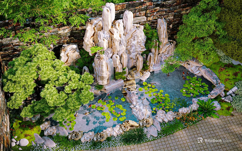 Natural Garden Ornament with Rock Formations Pond Water Lilies and Lush Greenery 3d model 