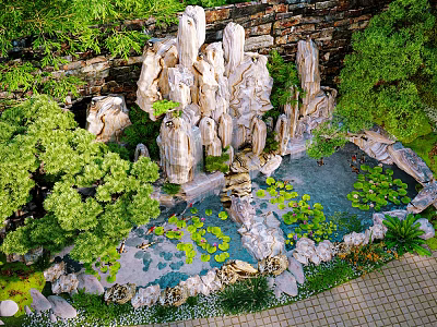 Natural Garden Ornament with Rock Formations Pond Water Lilies and Lush Greenery 3d model