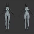 Two Female 3D Models In White Bodysuits With Black Limbs And Gray Circular Patterns 3d model