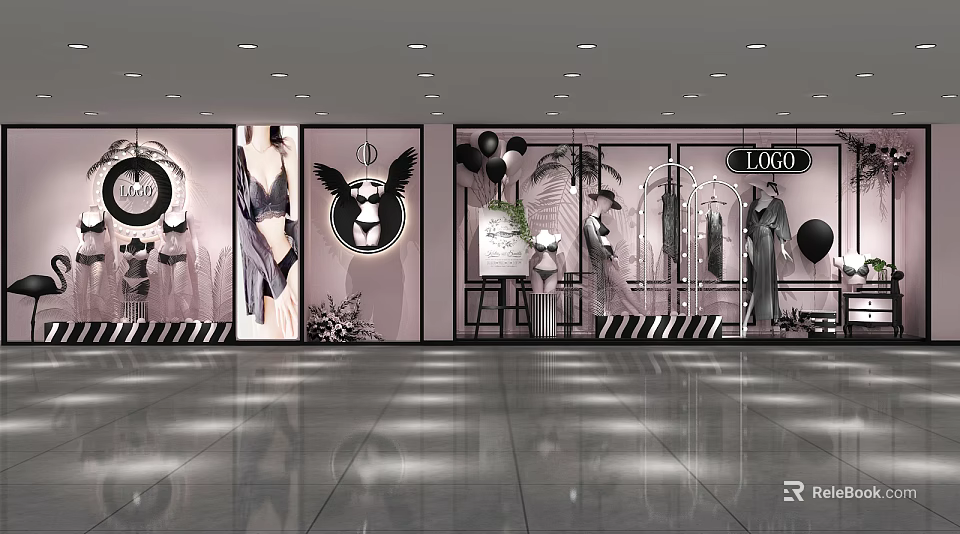 Stylish Shop Window Display With Lingerie Mannequins Clothing And Decorative Balloons 3d model 