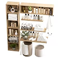 Laundry Essentials On Shelves With Towels Soap Bottles Storage Baskets Toilet Paper And Green Plants
