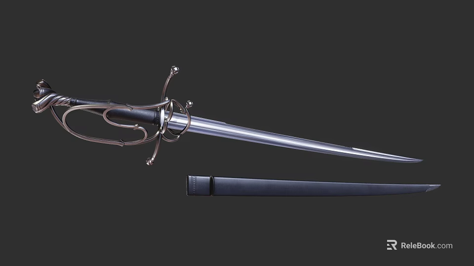 Classic Historical Sword With Polished Metal Blade Ornate Hilt Guard And Black Scabbard 3d model 