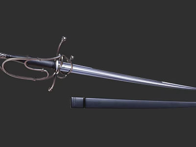 Classic Historical Sword With Polished Metal Blade Ornate Hilt Guard And Black Scabbard 3d model