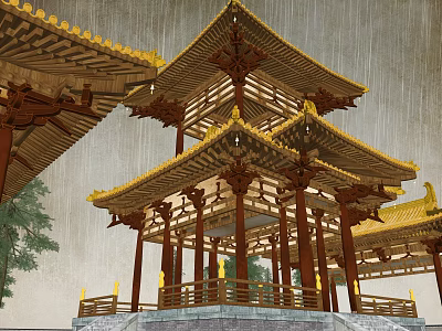 Traditional Chinese Ancient Architecture with Yellow Roofs Multi Layered Eaves and Wooden Pillars in Rainy Scene 3d model