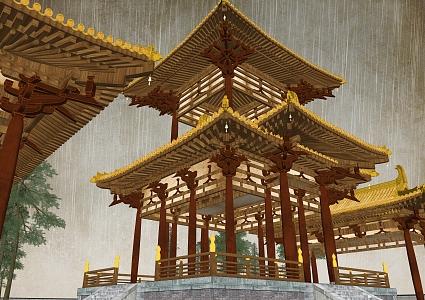 Tang-style double-decker pavilion 3d model