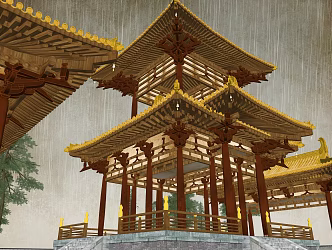 Tang-style double-decker pavilion 3d model