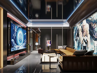 Modern Home Theater Interior With Large Screens And Cozy Sofas 3d model