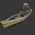 Traditional Wooden Boat With Person In Conical Hat Paddling On Calm Water