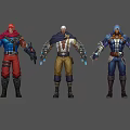 Game Movie Characters With Cloak Armor And Glowing Arm Devices In Different Outfit Colors