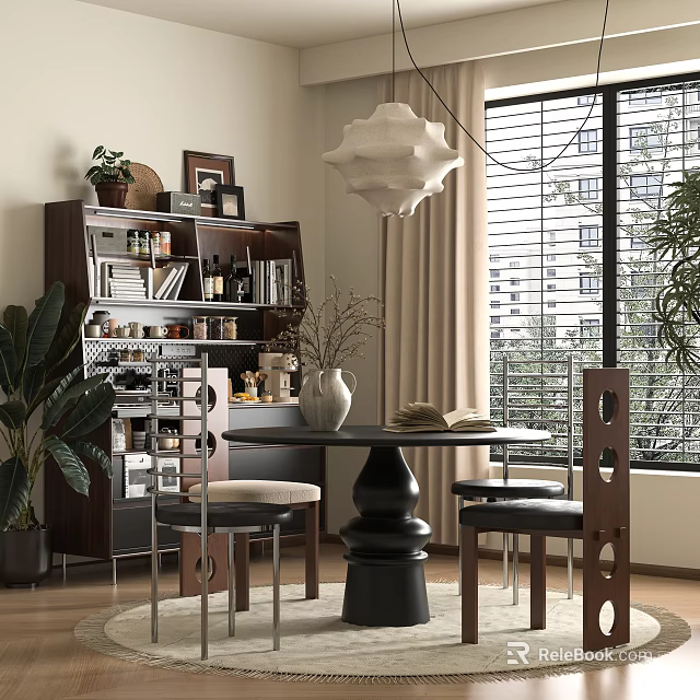 Modern Dining Room Interior With Round Table Bookshelf Pendant Light And Green Plants 3d model 