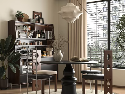 Modern Dining Room Interior With Round Table Bookshelf Pendant Light And Green Plants 3d model