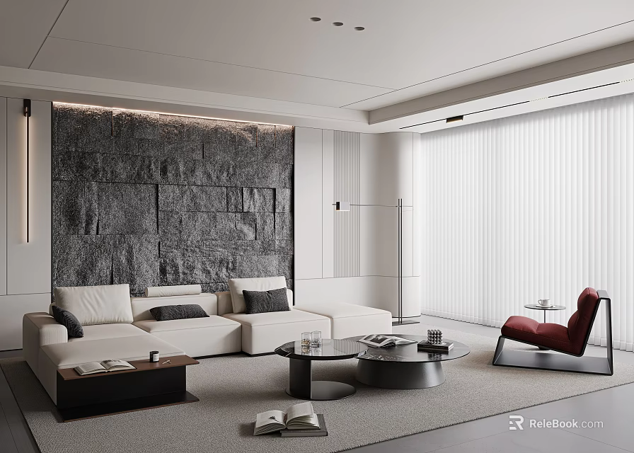 Modern Living Room Interior With Gray Stone Wall White Sofa And Red Accent Chair 3d model 