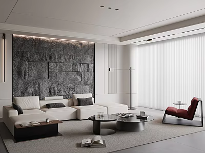Modern Living Room Interior With Gray Stone Wall White Sofa And Red Accent Chair 3d model