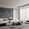 Modern Living Room Interior With Gray Stone Wall White Sofa And Red Accent Chair
