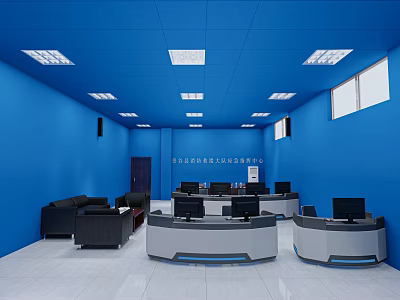 Modern Monitoring Room Interior With Blue Walls Ceiling Multiple Workstations Black Sofas And Windows 3d model