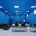 Modern Monitoring Room Interior With Blue Walls Ceiling Multiple Workstations Black Sofas And Windows