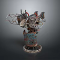 Rusted Worn Industrial Mechanical Device With Metal Structure Multiple Components And Circular Base