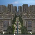 Residential Buildings High rise and Low rise with Greenery and Central Pathway Evening View