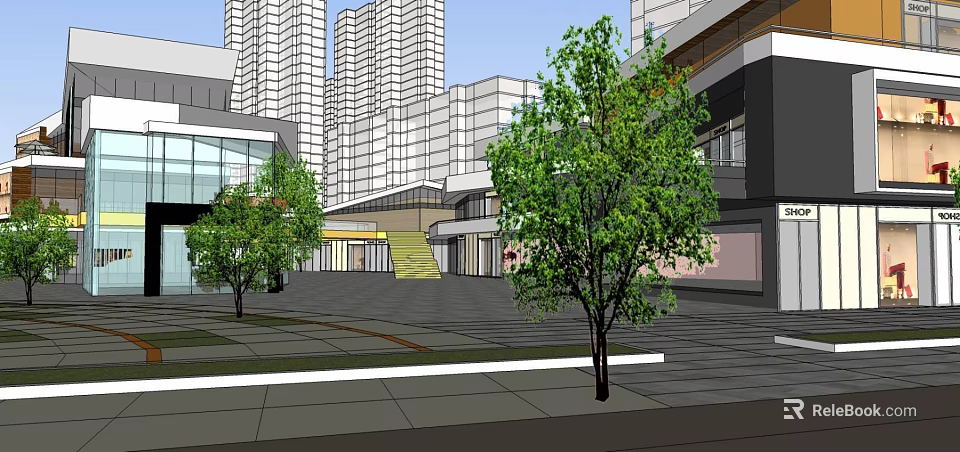 Modern Commercial Street With High Rise Buildings Trees And Pedestrian Walkway 3d model 