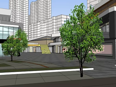 Modern Commercial Street With High Rise Buildings Trees And Pedestrian Walkway 3d model