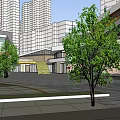 Modern Commercial Street With High Rise Buildings Trees And Pedestrian Walkway