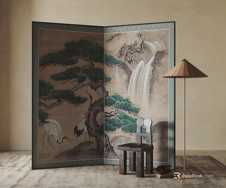 Traditional Chinese Folding Screen with Pine Trees Waterfall and Cranes in Interior 3d model
