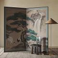 Traditional Chinese Folding Screen with Pine Trees Waterfall and Cranes in Interior 3d model