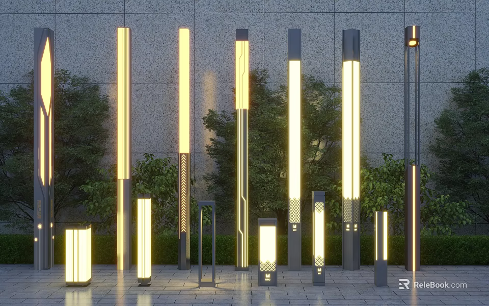 Modern Outdoor Lights With Various Tall Slim Designs For Garden And Building Exteriors 3d model 