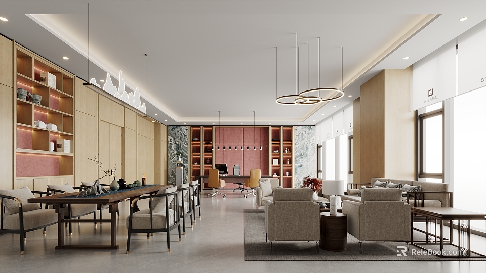 Modern Office Interior With Wooden Bookshelves Pink Wall Pendant Lights And Sofa Area 3d model 