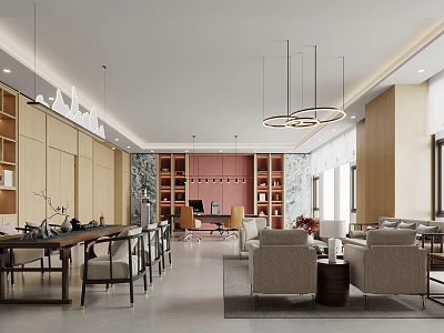 Modern Office Interior With Wooden Bookshelves Pink Wall Pendant Lights And Sofa Area 3d model