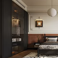 Modern Elegant Bedroom With Bed Pillows Round Pendant Light Black White Pattern Rug Arched Doorway
