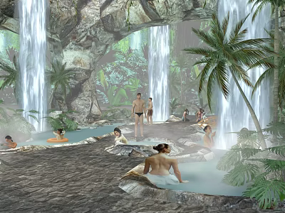 Natural Waterfall Fountain With Rock Surroundings Palm Trees And People Relaxing In Hot Spring Pools 3d model