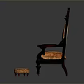 Vintage Dark Wooden Chair With Carved Details And Orange Patterned Cushion And Round Stool