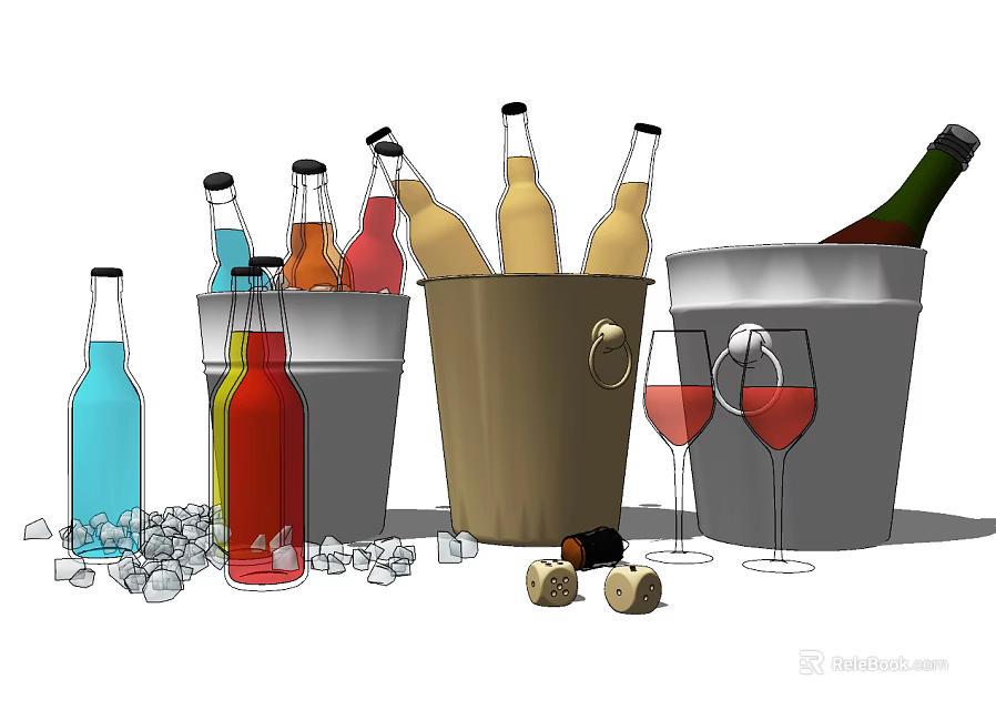 Wine Bottles And Glasses With Ice Buckets Ice Cubes And Corks On Table 3d model