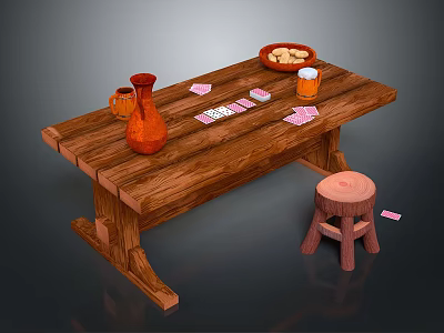 Wooden Table Setup With Red Vase Cookies Plate Beer Mug Poker Cards And Wooden Stool 3d model