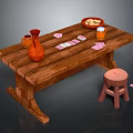Wooden Table Setup With Red Vase Cookies Plate Beer Mug Poker Cards And Wooden Stool
