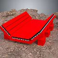 Red Wooden Stool With Slatted Seat And Black Trim On Rough Ground