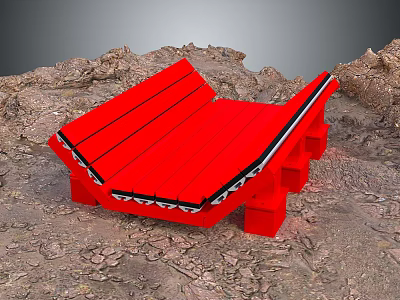 Red Wooden Stool With Slatted Seat And Black Trim On Rough Ground 3d model