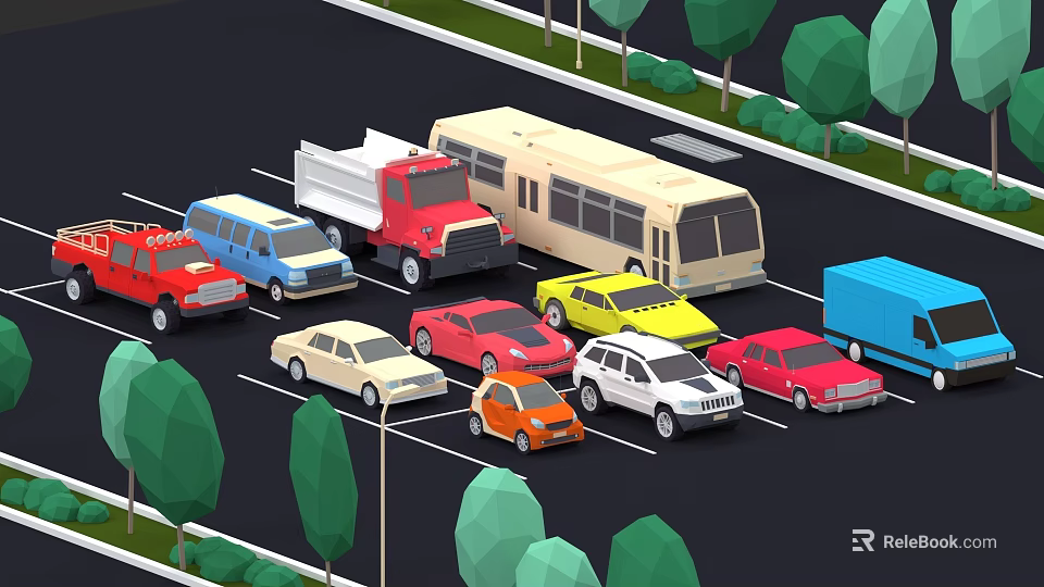 Various Cars And Different Vehicles Parked In Urban Parking Lot With Trees 3d model 