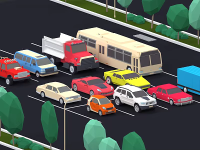 Various Cars And Different Vehicles Parked In Urban Parking Lot With Trees 3d model