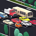 Various Cars And Different Vehicles Parked In Urban Parking Lot With Trees